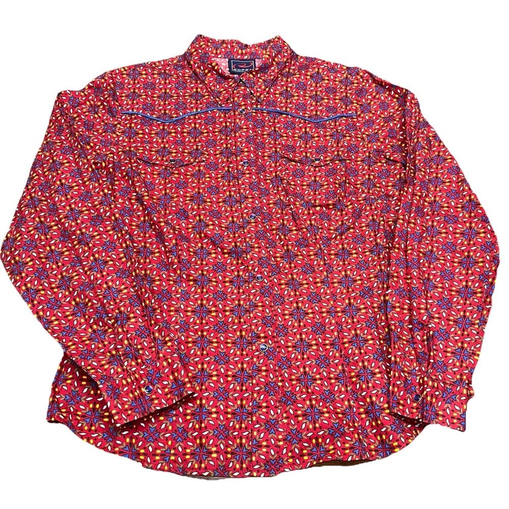 Vintage 90's Roper Western Red Geo Pearl Snap Shirt Aztec Rockabilly Women's L - Picture 3 of 8